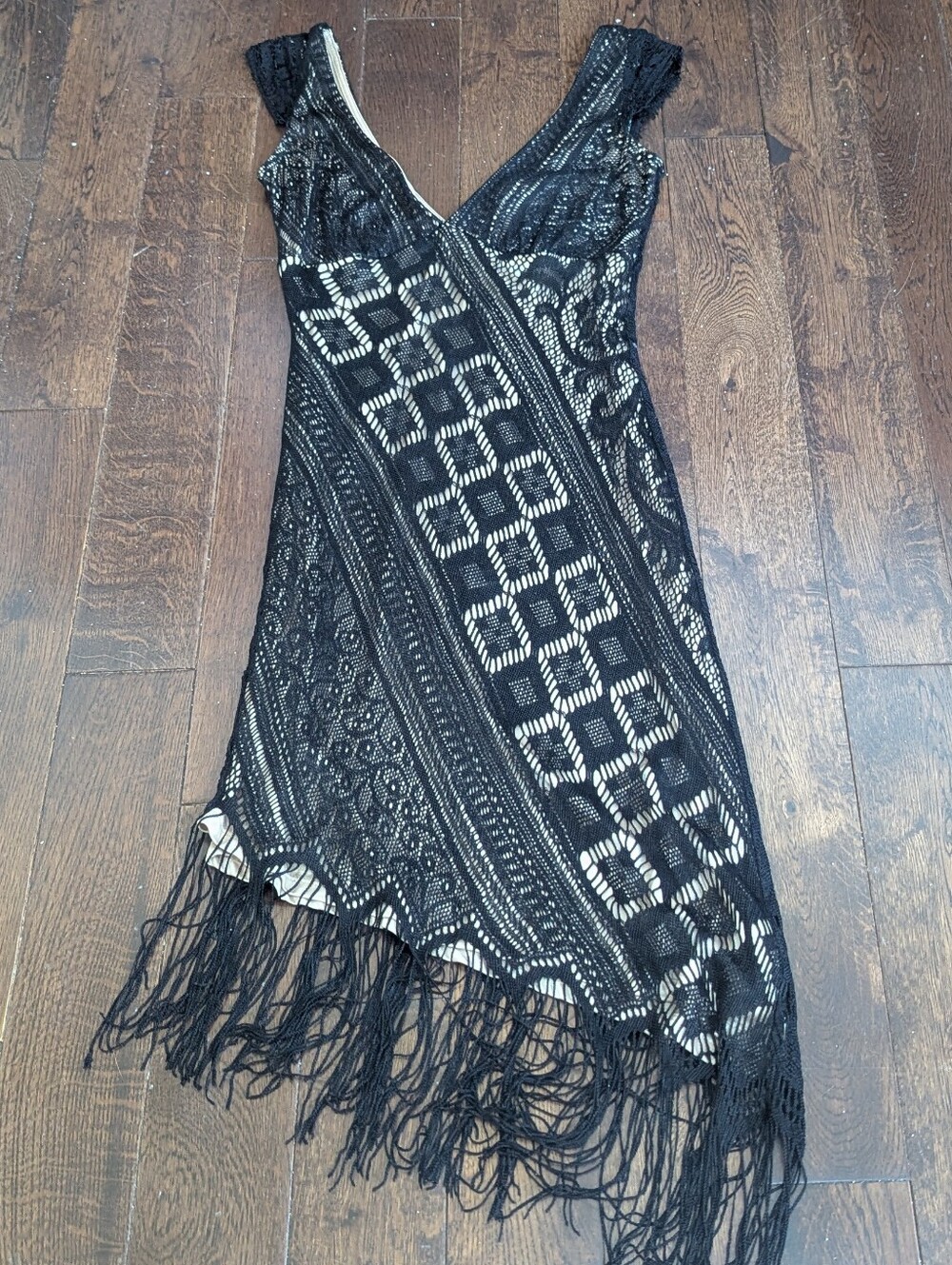 Moda International Black Lace Asymmetrical Fringe Dress with Cream Underlay